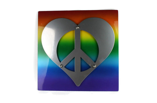 Rainbow airbrushed backing plate with aluminum peace heart front plate metal wall sign