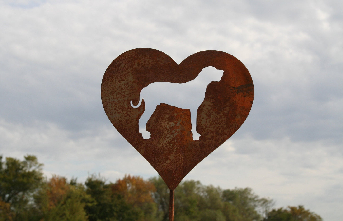 Custom heart-shaped rusty garden stake sign in rust with a great dane dog silhouette