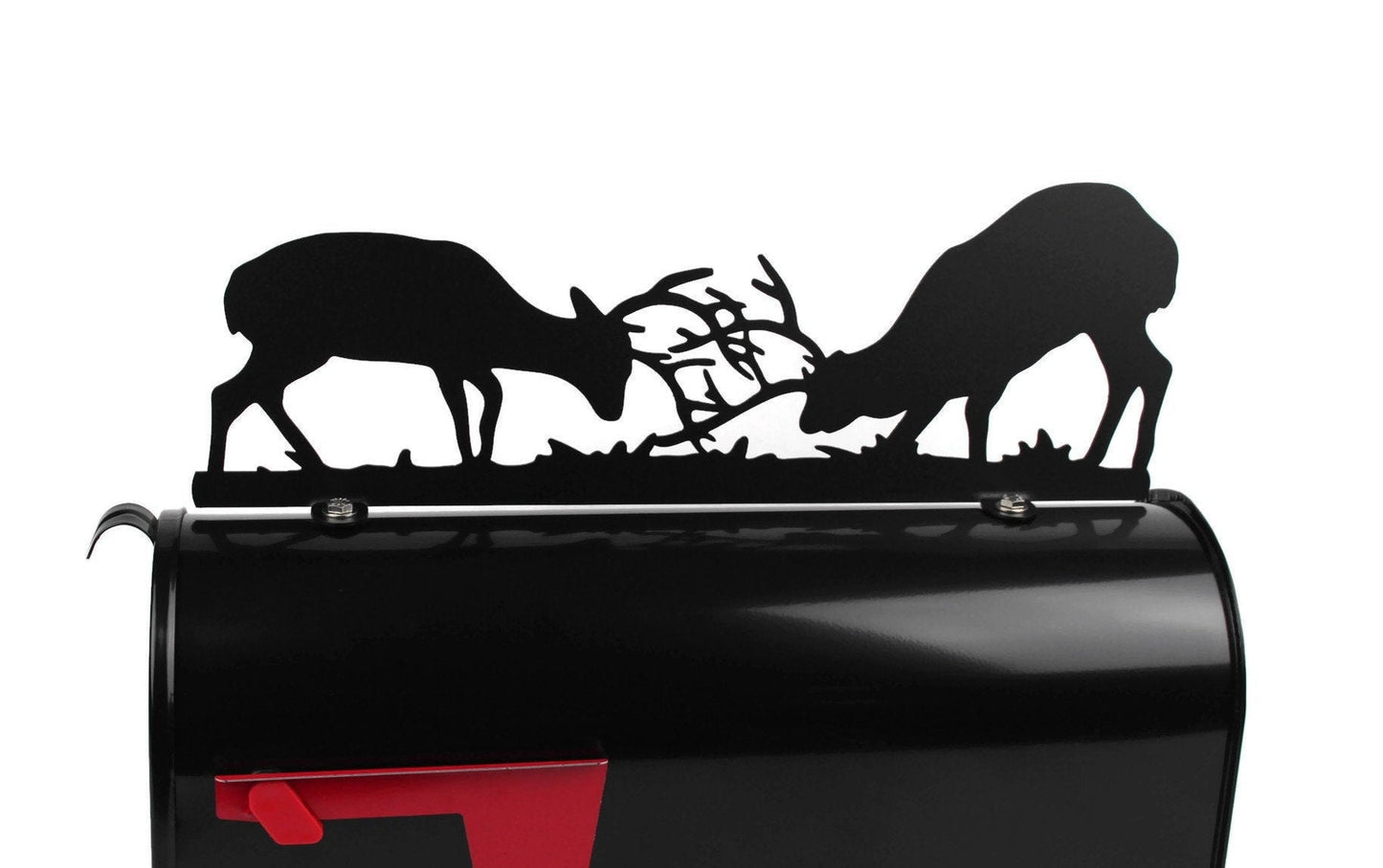 Black fighting deer mailbox topper with address installed on a mailbox.