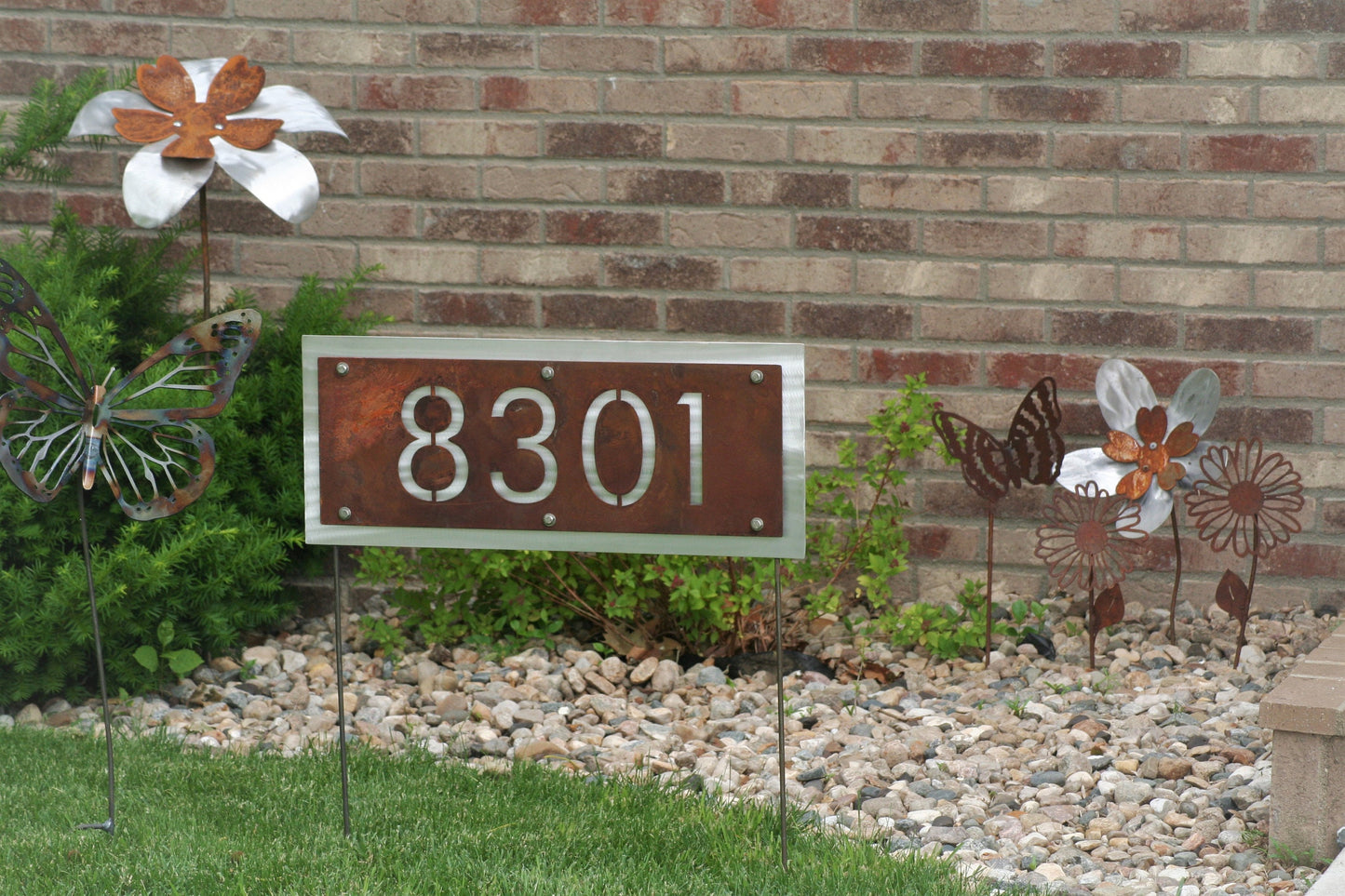 Metal House Number Address Sign on Stakes 10x25" up to 20x25" Layered Style Futura