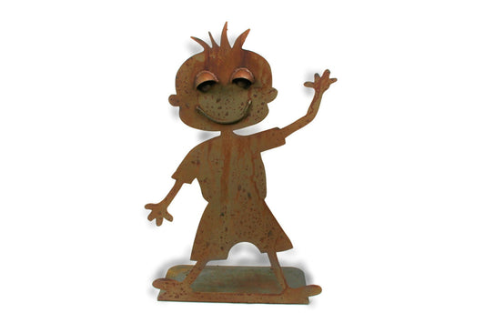 Rusty metal tumbling kid waving boy statue