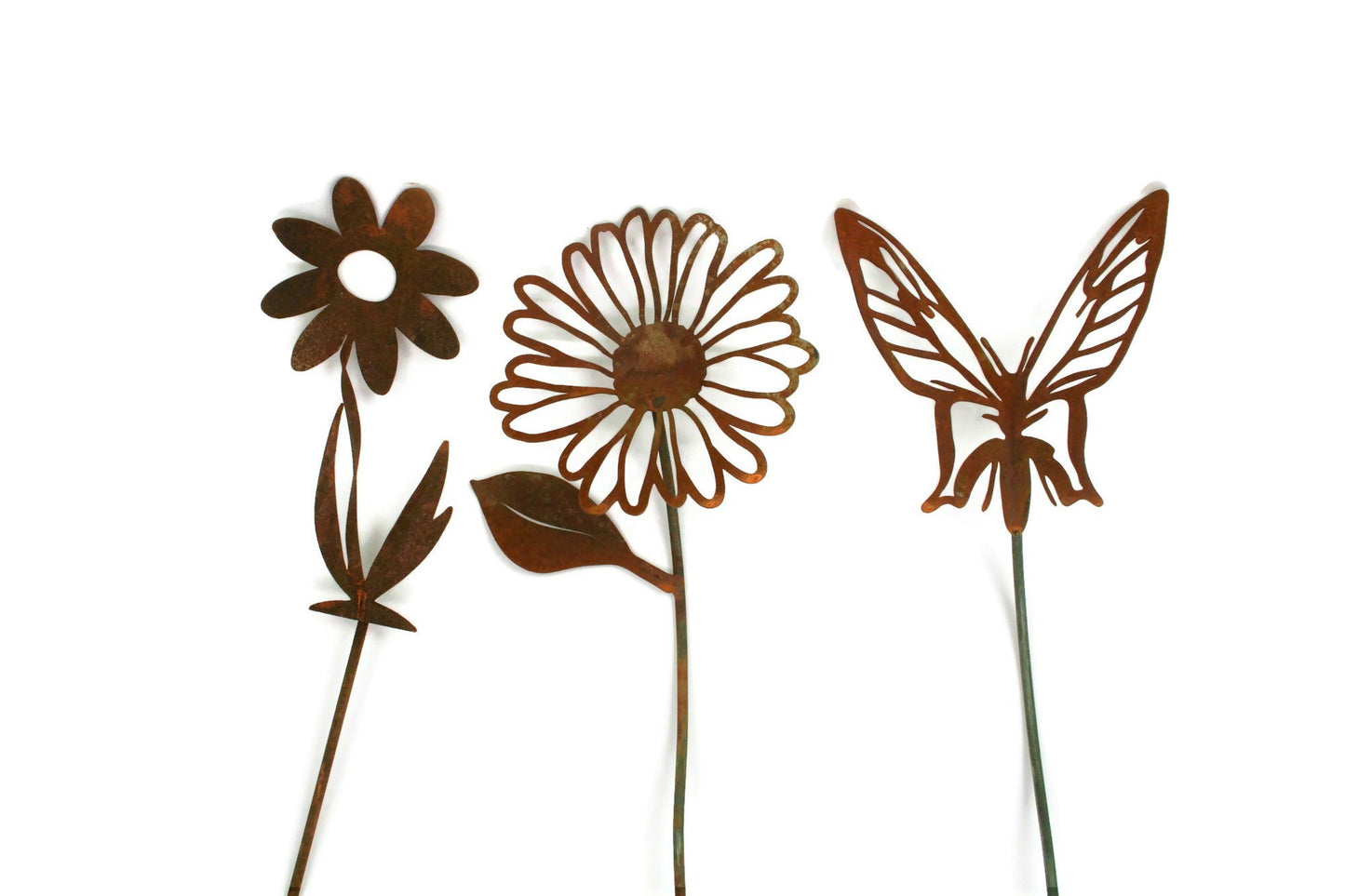 Metal Garden Stake Yard Art Gift Set - Butterfly, Daisy and Twisted Daisy up to 23" Tall