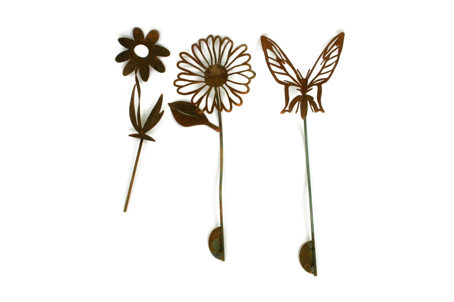 Metal Garden Stake Yard Art Gift Set - Butterfly, Daisy and Twisted Daisy up to 23" Tall