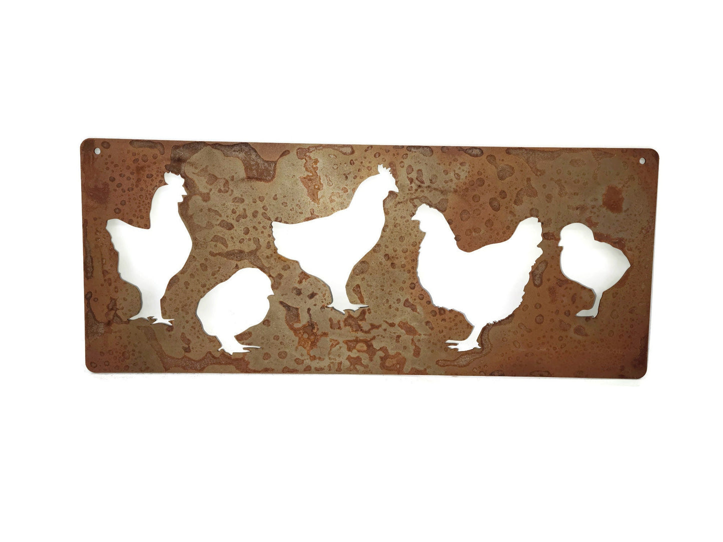 Rusty metal hanging chicken sign with silhouettes of hens and chicks