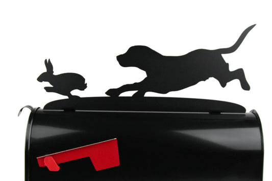 Black rabbit hunting beagle mailbox topper installed on a mailbox.