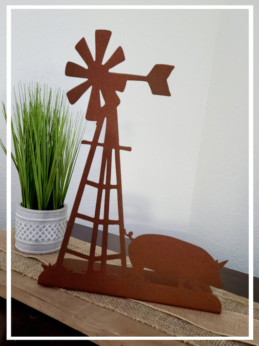 Matte rust brown powder coat windmill and pig metal tabletop stand