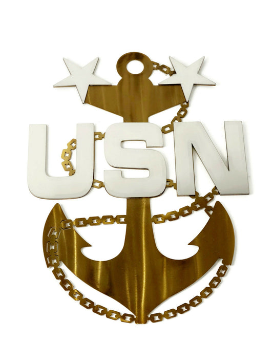 Translucent gold fouled anchor with mirrored USN letters and two stars metal wall sign