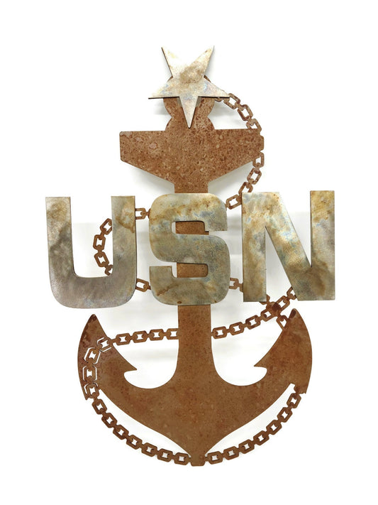 Rusty fouled anchor with USN sanded stainless letters and one star metal wall sign