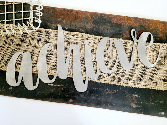 achieve metal script word sign in raw steel