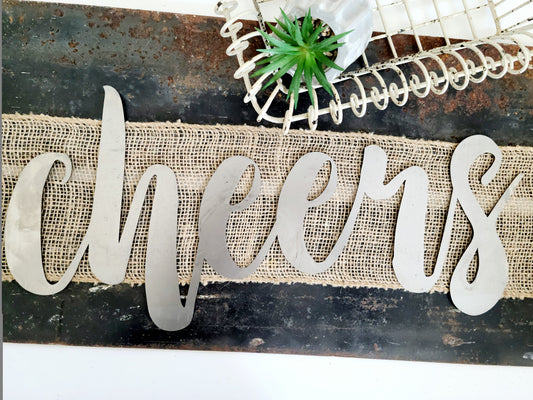 cheers metal script word sign in raw steel