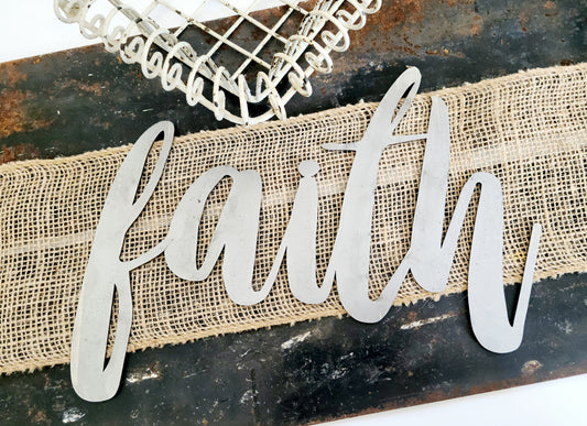 faith metal script word sign in raw steel