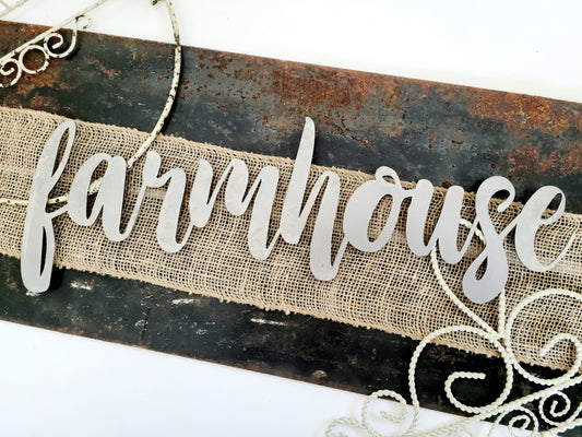 farmhouse metal script word sign in raw steel