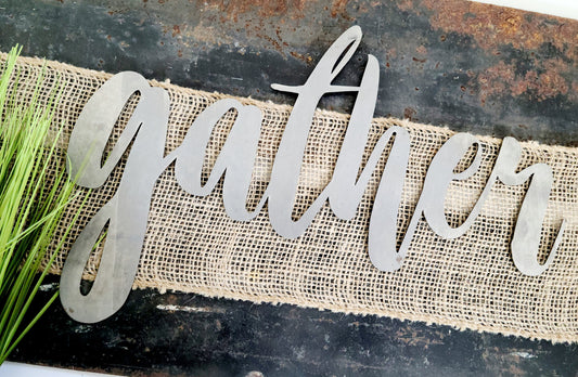gather metal script word sign in raw steel