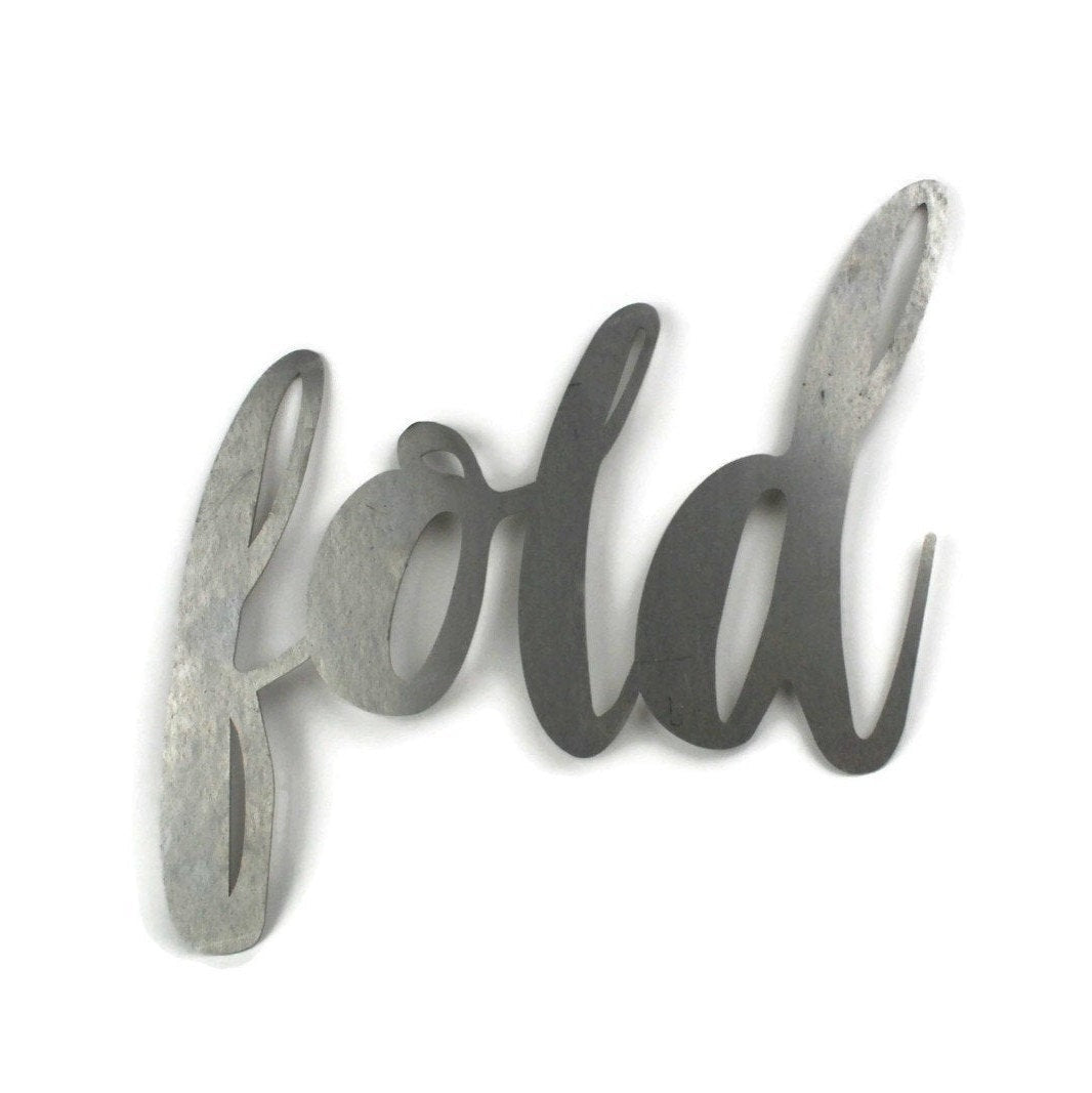 fold metal script word sign in raw steel