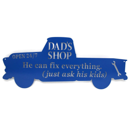 Blue powder coat Dad's Shop He Can Fix Everything metal wall sign