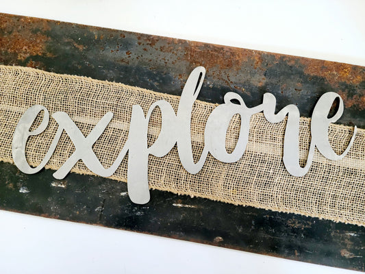 explore metal script word sign in raw steel