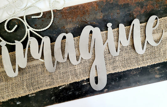 imagine metal script word sign in raw steel