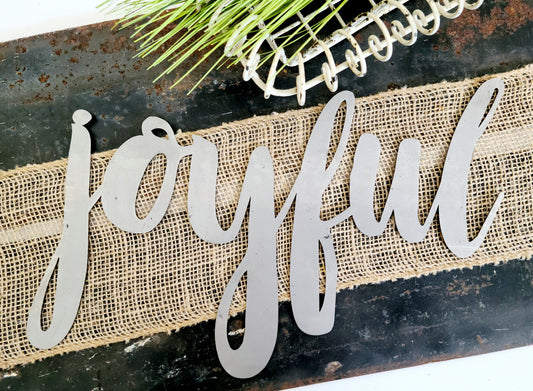 joyful metal script word sign in raw steel
