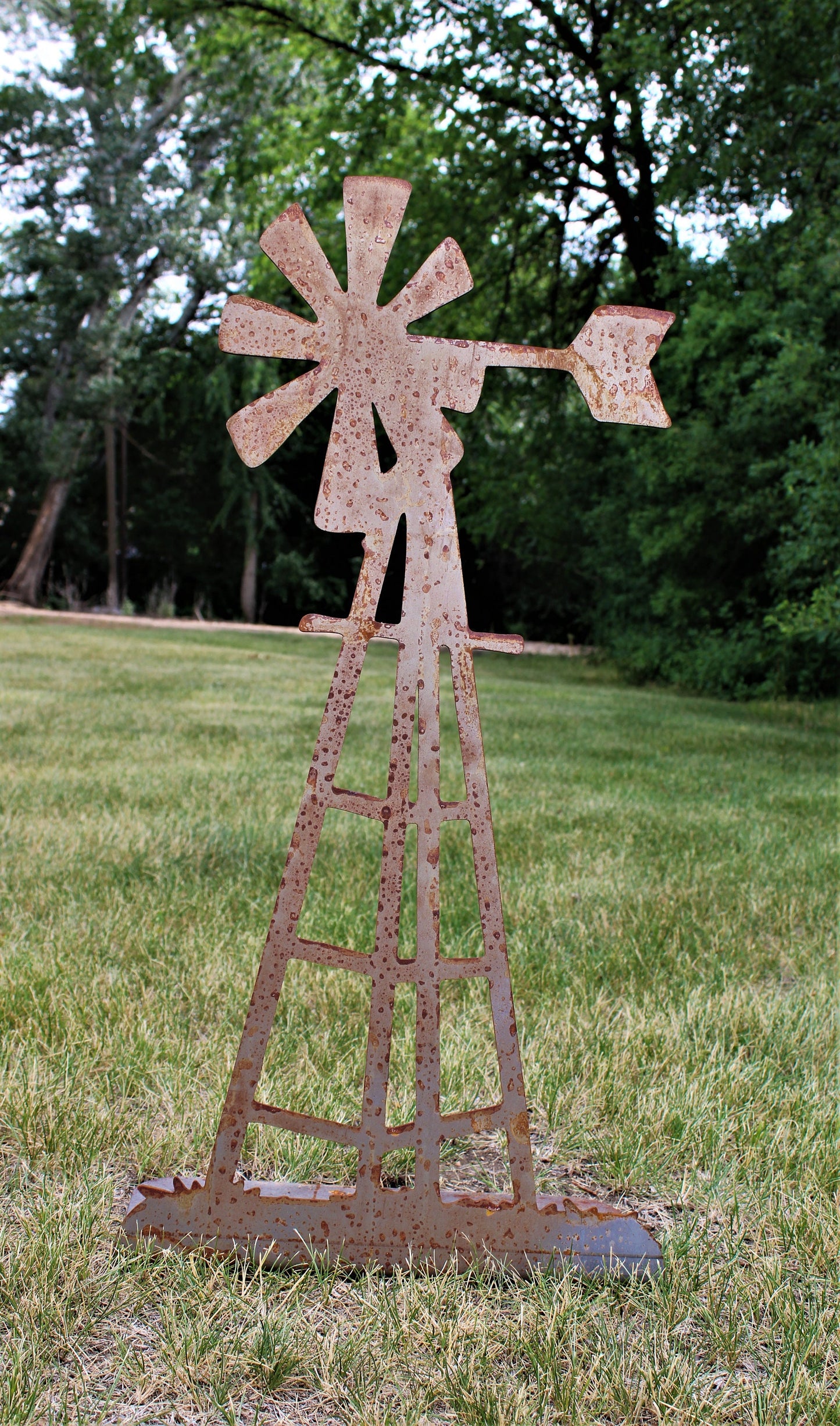 Rusty extra large metal windmill garden stake
