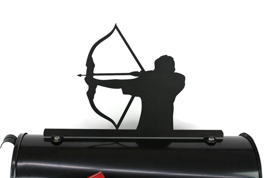 Black archery mailbox topper bow and arrow decor on a mailbox