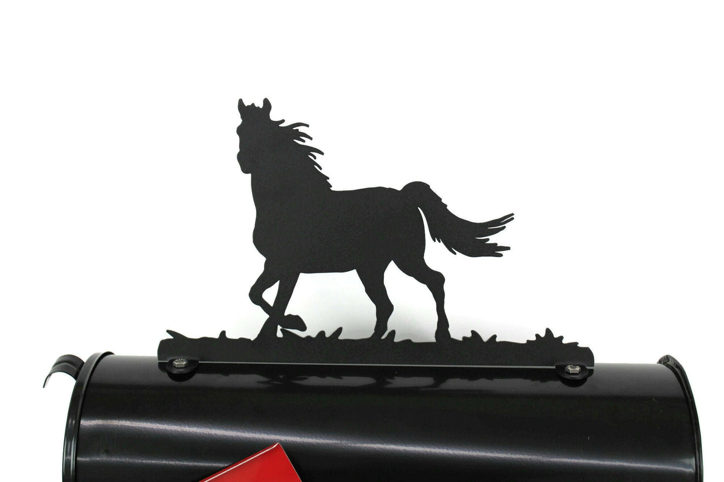 Black running horse mailbox topper installed on a mailbox