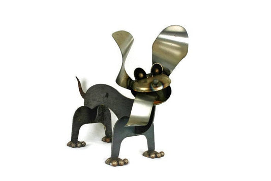Wiener dog garden statue with big ears and a long tongue in raw steel