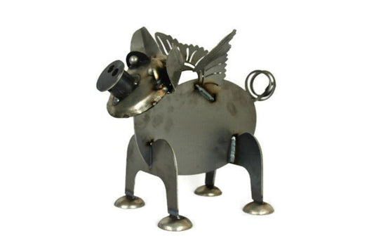 Flying pig metal garden statue in raw steel