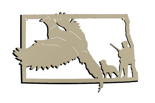 North Dakota shaped metal wall art with pheasant, hunter, and a dog in cream powder coat