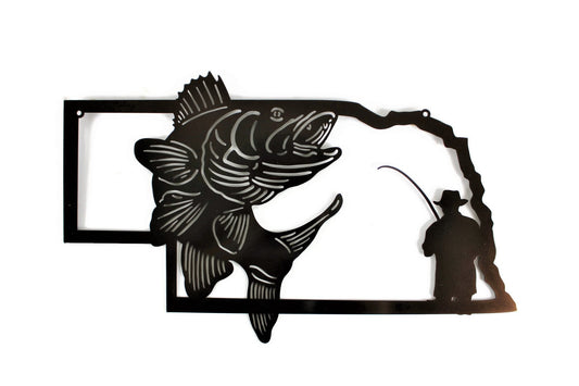 Nebraska-shaped metal wall art with a jumping walleye in black powder coat