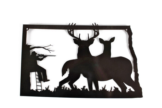 North Dakota shaped metal wall art with deer and a hunter in a treestand in black powder coat