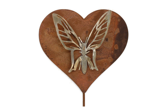 Rusty metal heart-shaped stake with stainless steel butterfly garden stake