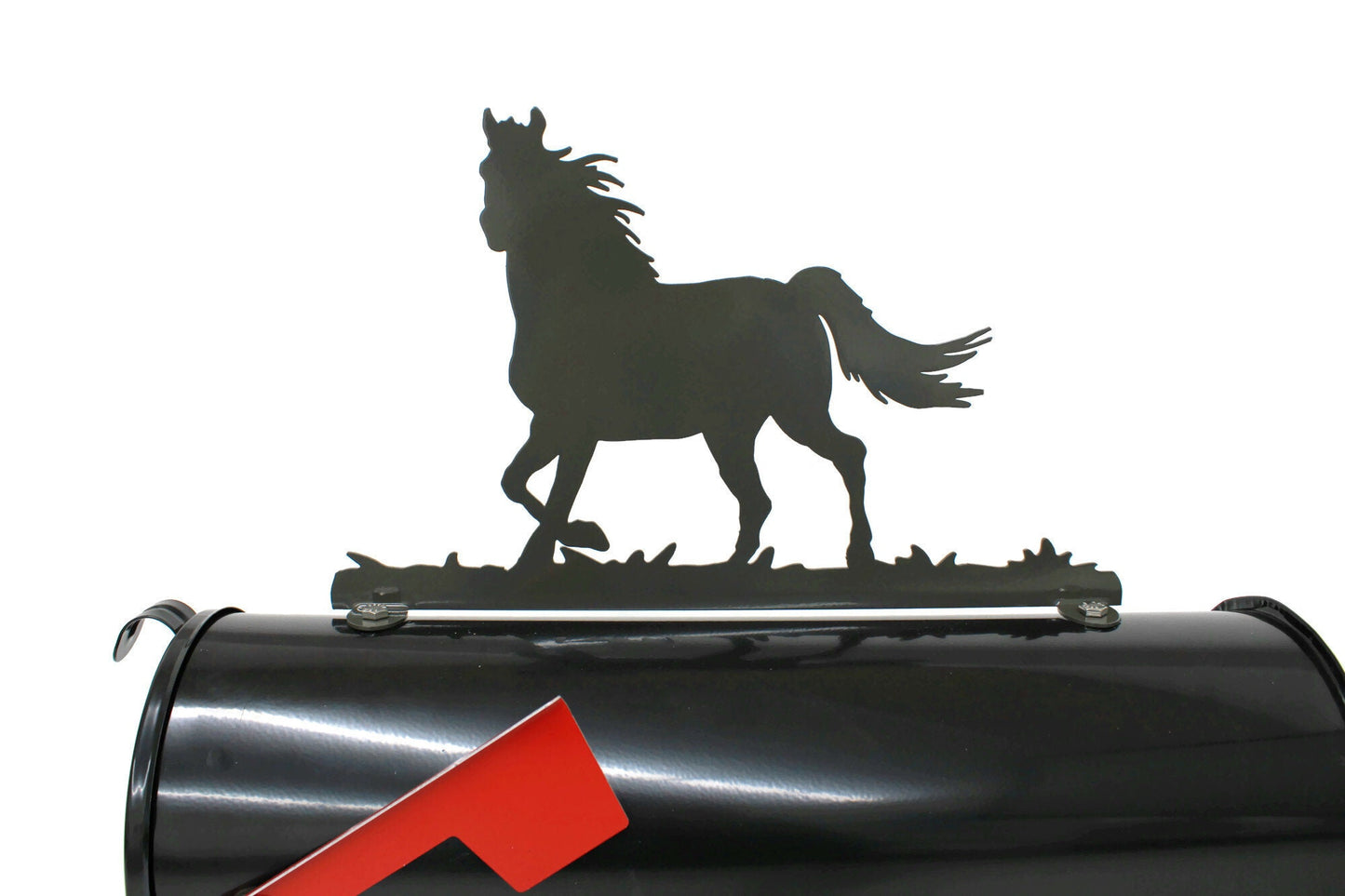 Dark gray running horse mailbox topper installed on a mailbox