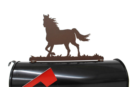 Matte dark brown running horse mailbox topper installed on a mailbox