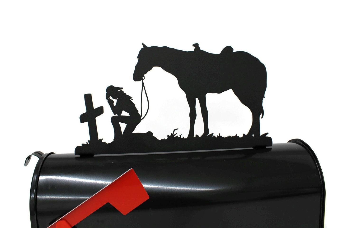 Praying Cowgirl & Horse Metal Mailbox Topper 7.38 Inches Tall - Does Not Include a Mailbox