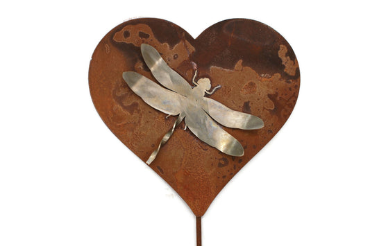 Rusty metal heart-shaped stake with stainless steel dragonfly garden stake