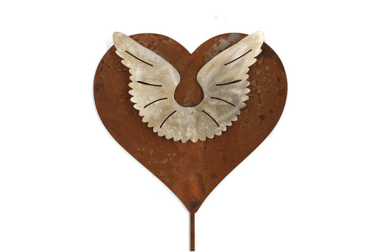 Rusty metal heart-shaped stake with stainless steel angel wings garden stake