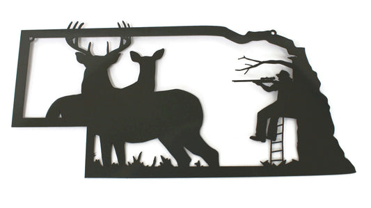 Nebraska shaped metal wall art with deer and hunter in a tree stand in green powder coat