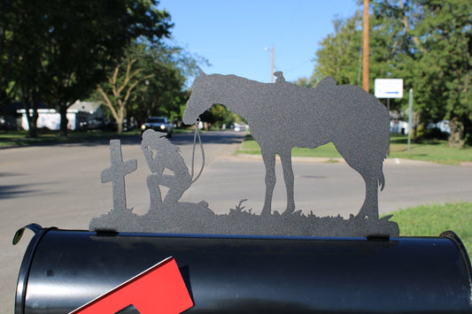 Black praying cowgirl with horse mailbox topper installed on a mailbox