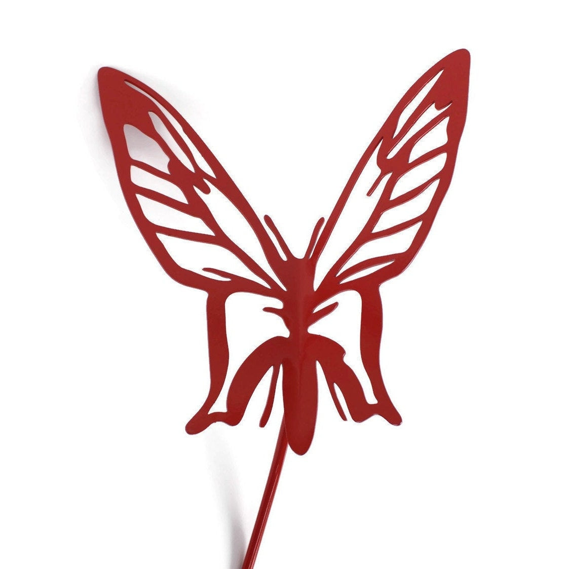 Metal butterfly garden stake in red powder coat
