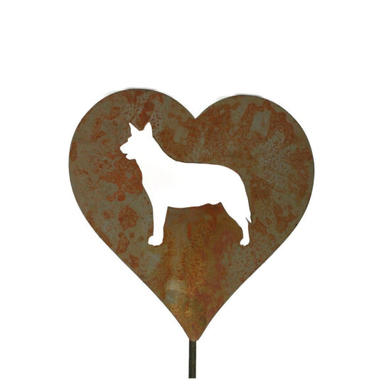 Heart-shaped rusty garden stake sign in rust with an Australian Shepherd dog silhouette