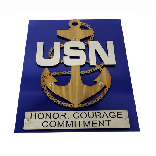 Translucent gold fouled anchor over a blue powder coat backing plate with mirror USN letters and a plate with Honor, Courage Commitment metal wall sign