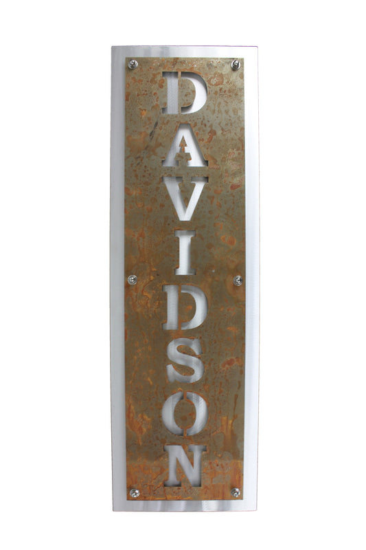 Rust over aluminum layered metal name sign