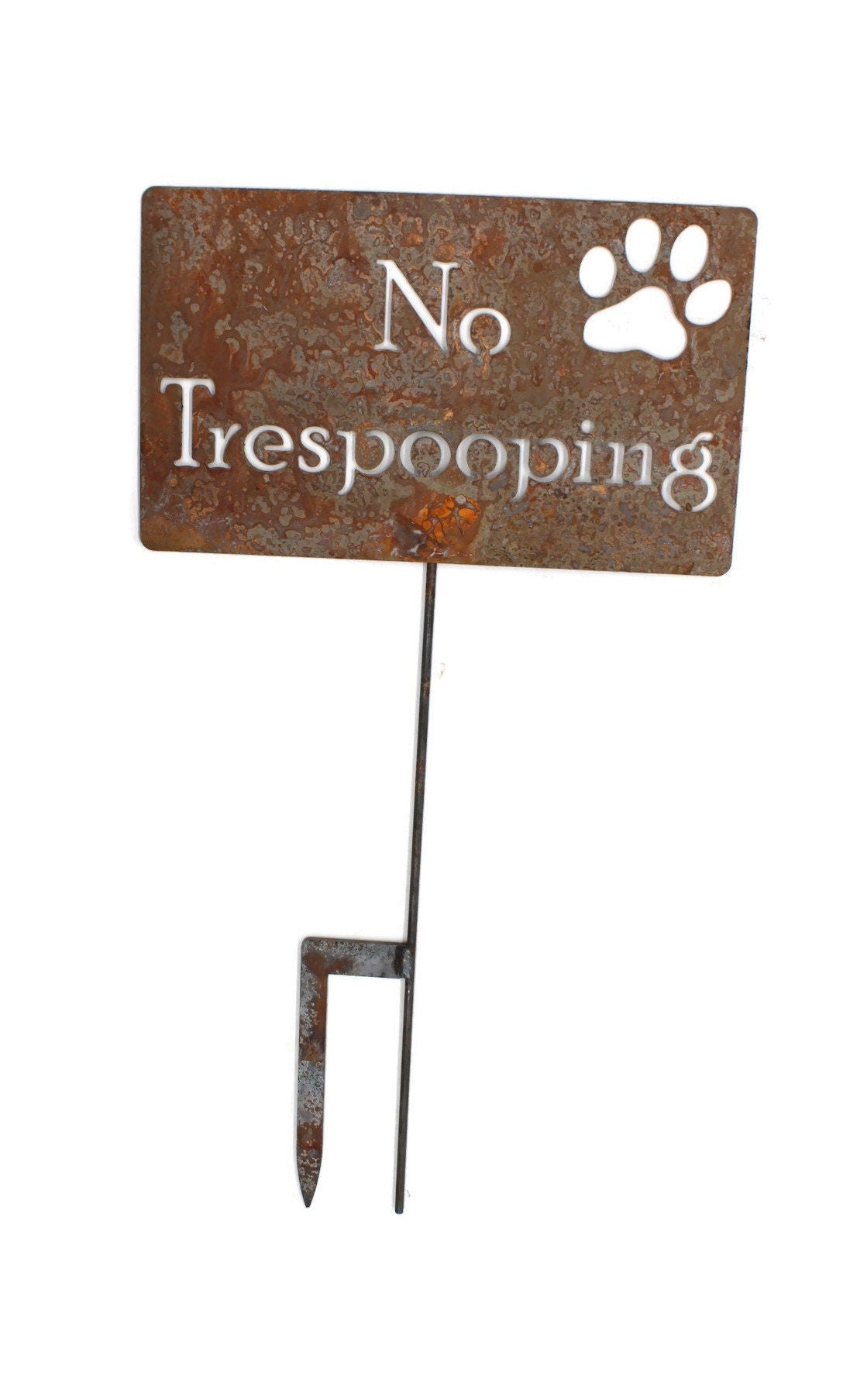 No Trespooping with paw large rusty garden stake sign