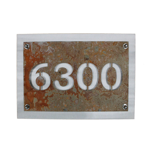 Rust over aluminum metal layered address sign