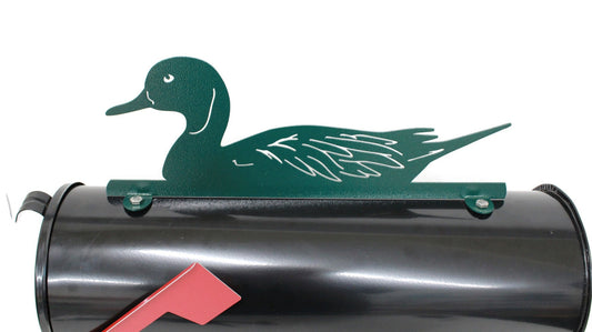 Dark green mallard duck mailbox topper installed on a mailbox