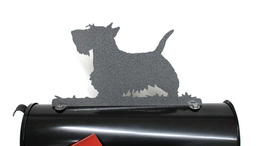Hammered dark gray Scottish Terrier mailbox topper installed on a mailbox