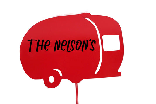 Red powder coat metal vintage teardrop camper-shaped stake with vinyl name