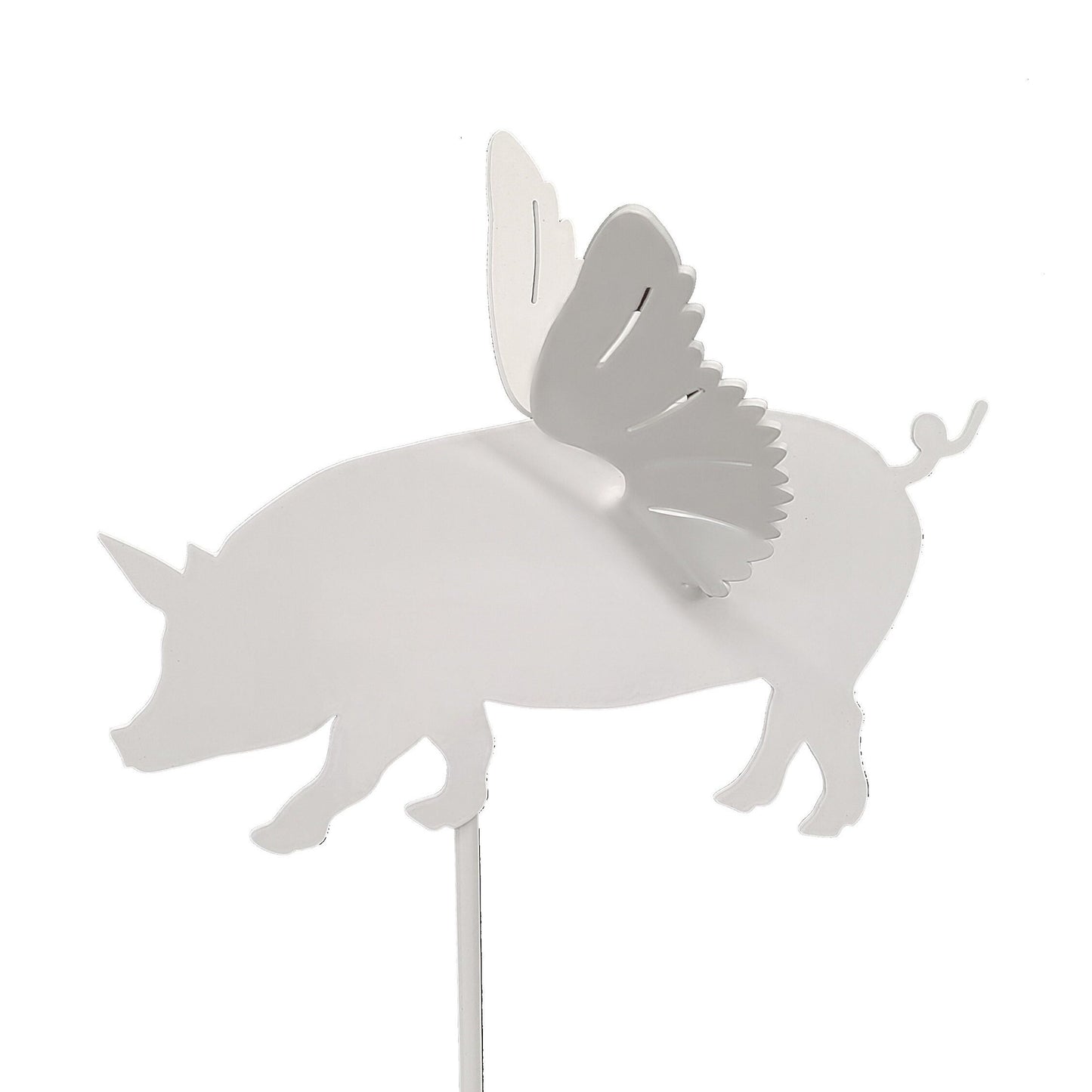 Metal flying pig garden stake in white powder coat