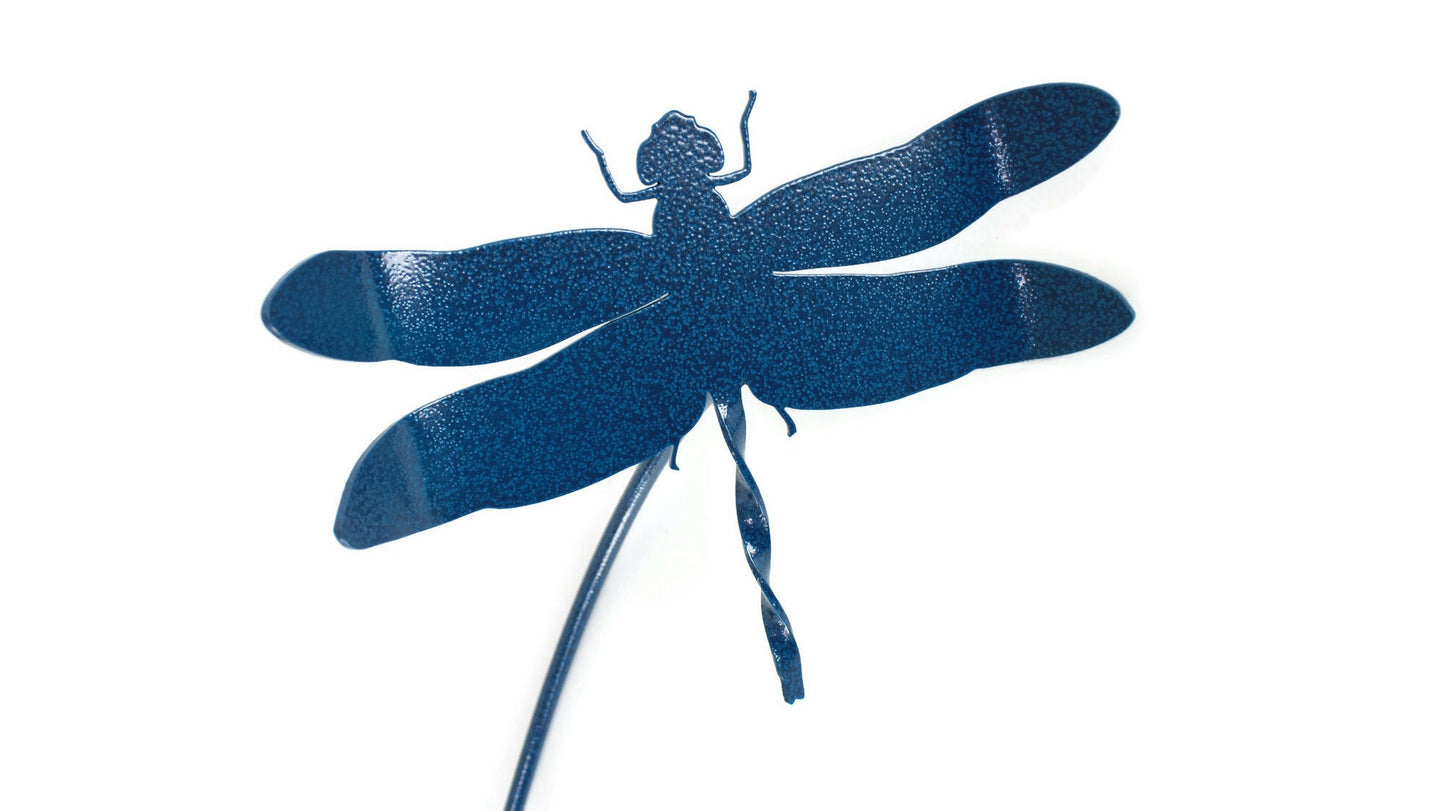 Metal dragonfly garden stake in hammered dark blue powder coat