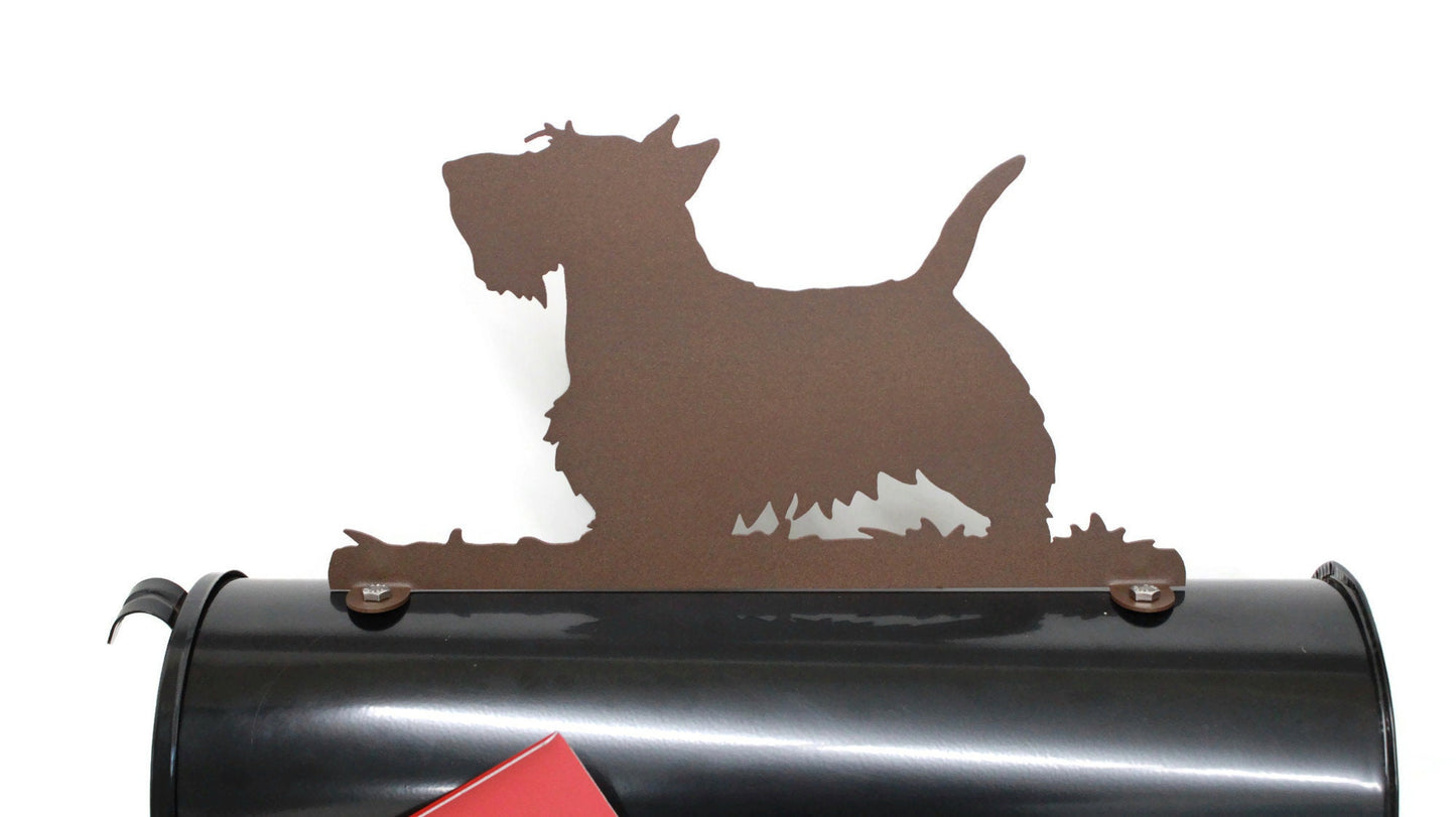 Matte dark brown Scottish Terrier mailbox topper installed on a mailbox